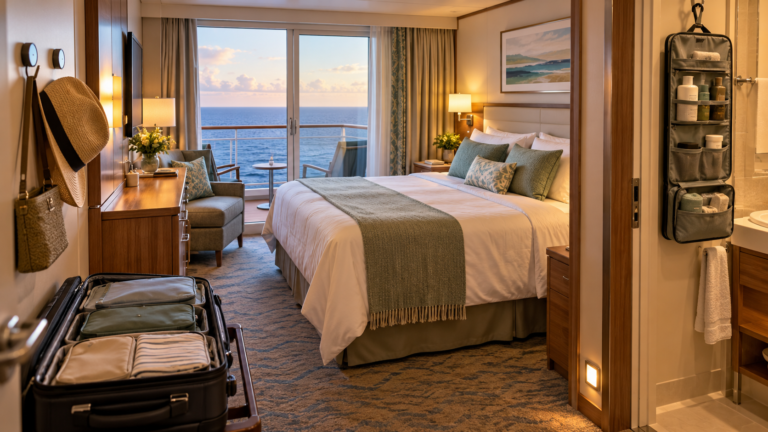 Organized cruise cabin with packing cubes, magnetic hooks and hanging toiletry organizer