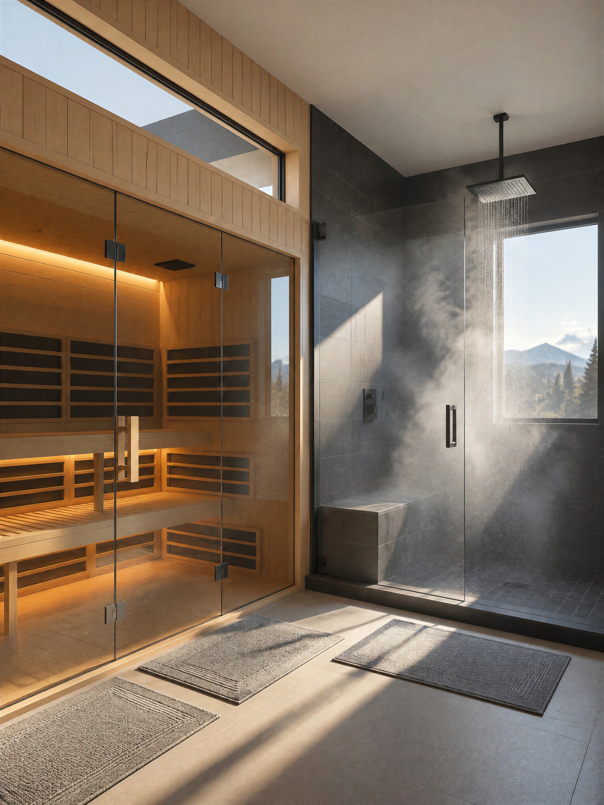 Glass-front home sauna beside a steam shower in a bright residential wellness space.