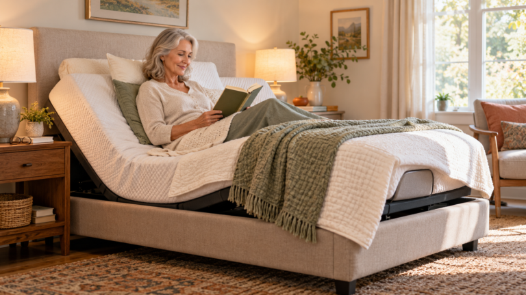 Woman over 60 reading comfortably in an adjustable bed with the head raised.