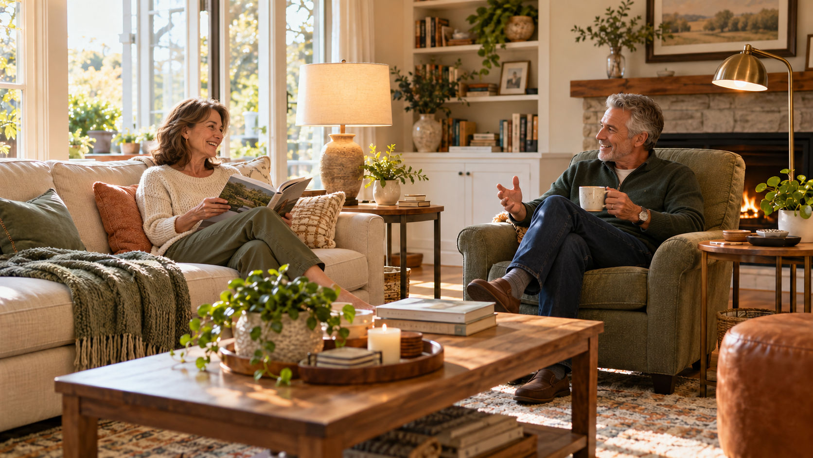 Couple in their early 60s relaxing in a warm and comfortable living room