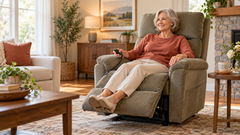 Woman over 60 sitting comfortably in a power lift recliner in a warm residential living room.