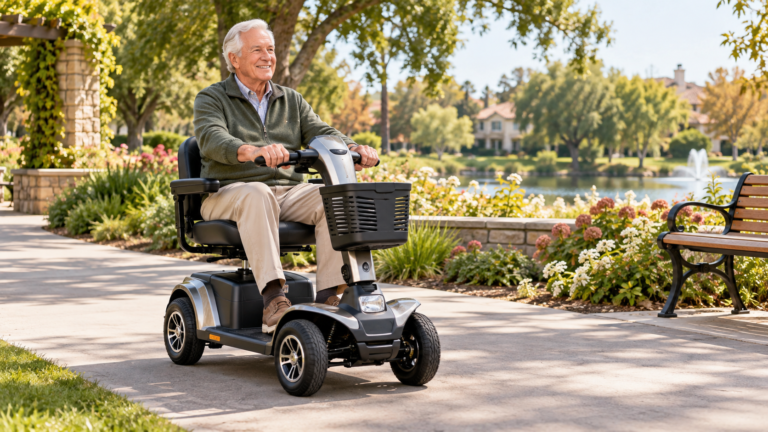 Active older man riding a four-wheel mobility scooter along a paved park path.