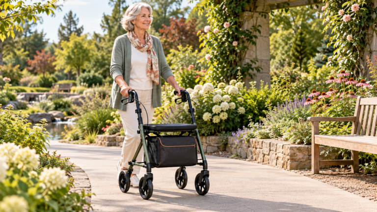 Active woman over 60 walking with a four-wheel rollator in an accessible garden.
