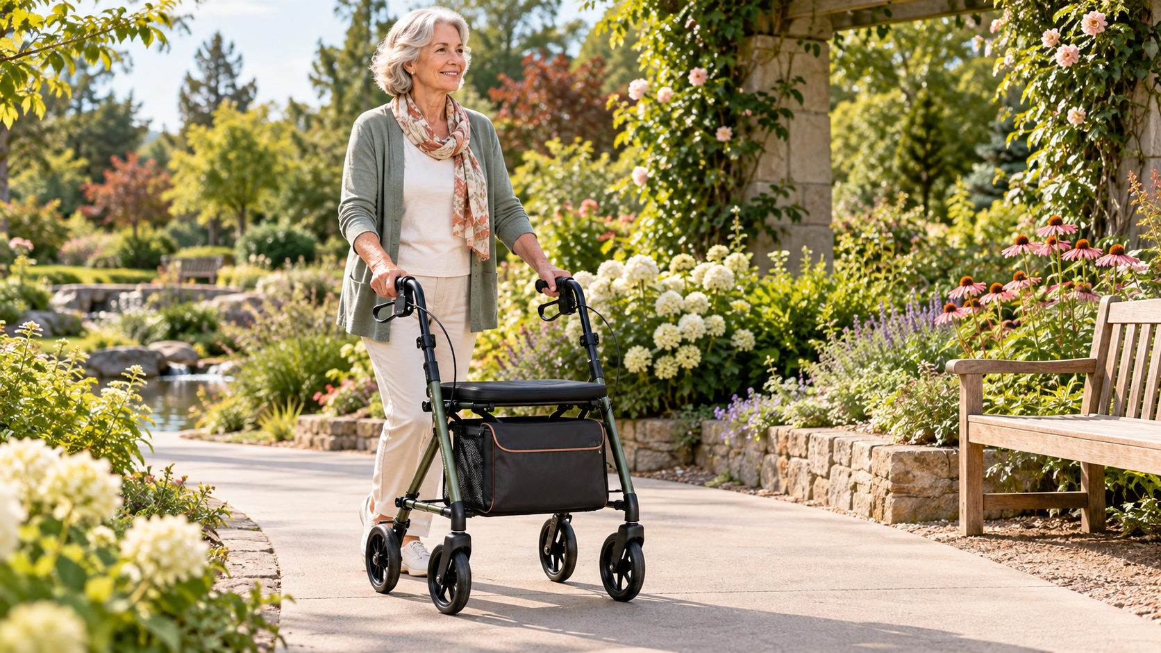Active woman over 60 walking with a four-wheel rollator in an accessible garden.